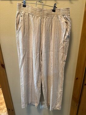 Beige Striped Elastic Waist Linen/Rayon Relaxed Pants